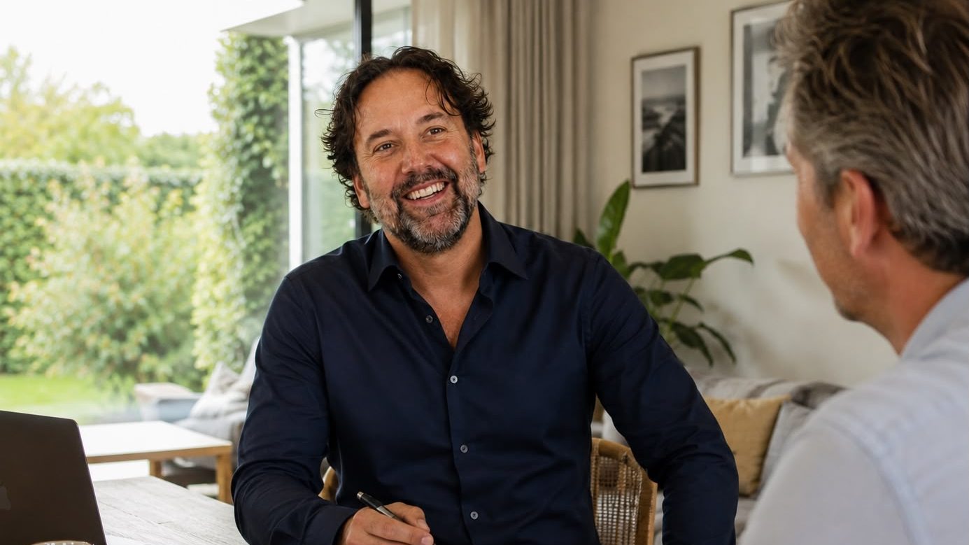 Energieadviseur bespreekt de doorrekening met een huiseigenaar aan de eettafel.