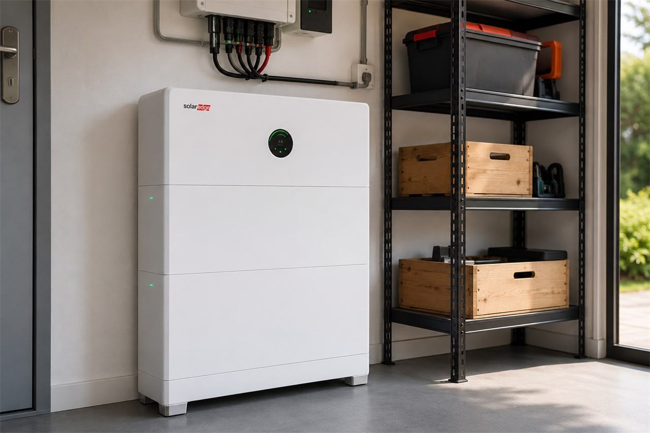 Thuisbatterij aan de muur van een woning.